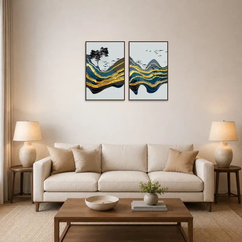 Abstract mountain and birds artwork with gold accents in a stylish living room.