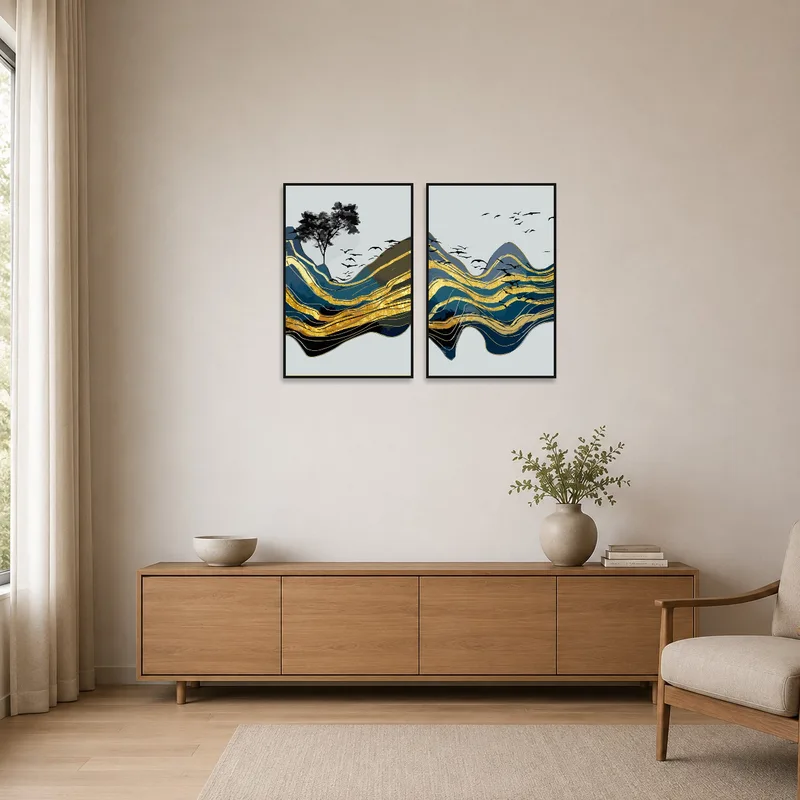 Minimalist setting showcasing abstract mountain and birds with gold details.