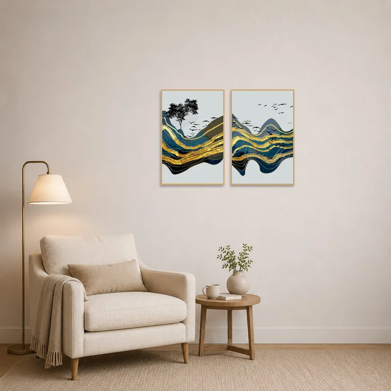 Abstract mountain and birds piece with gold tones in a cozy reading corner.
