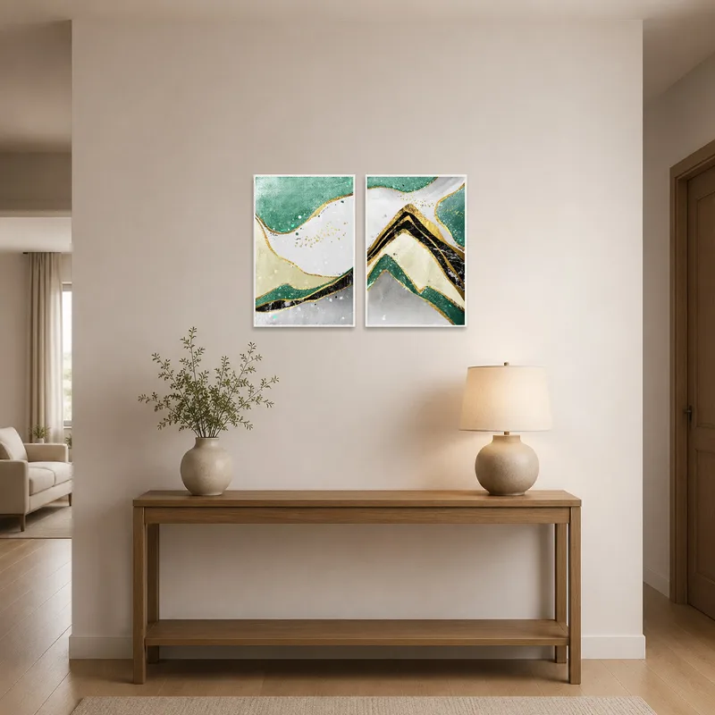 Abstract mountain landscape artwork with gold accents greeting visitors in the entrance hall.