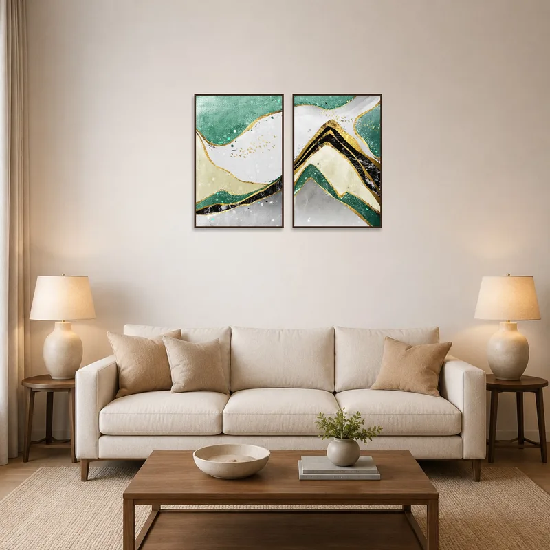 A vibrant abstract mountain landscape set with golden accents displayed above a modern living room sofa.