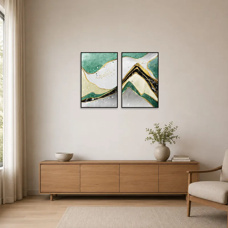 A set of abstract mountains with golden tones on a clean, sleek wall in a minimalist space.