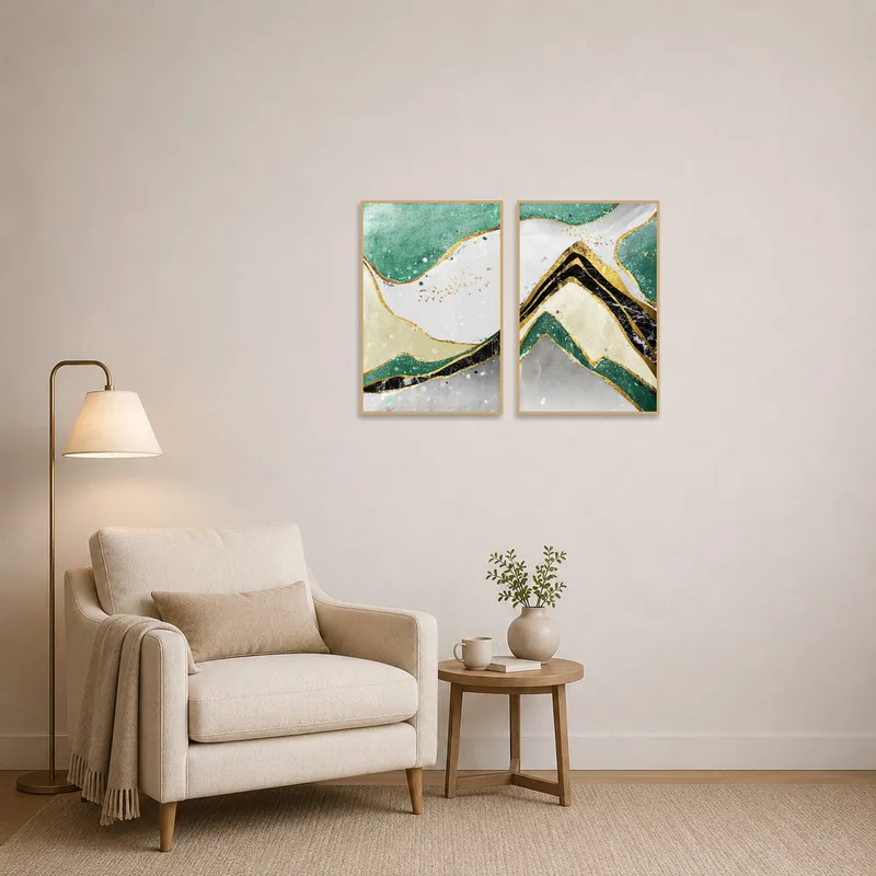 Golden-accented abstract mountain landscapes enhancing the cozy ambiance of a reading corner.
