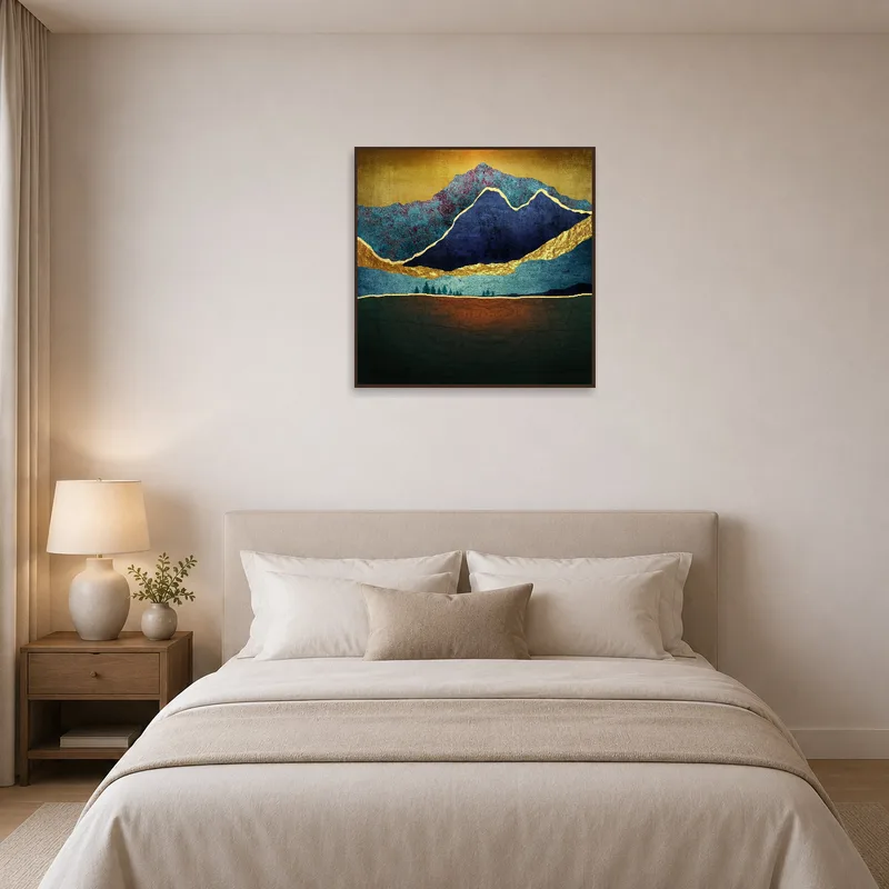 Bedroom wall displays abstract mountains with gold highlights.
