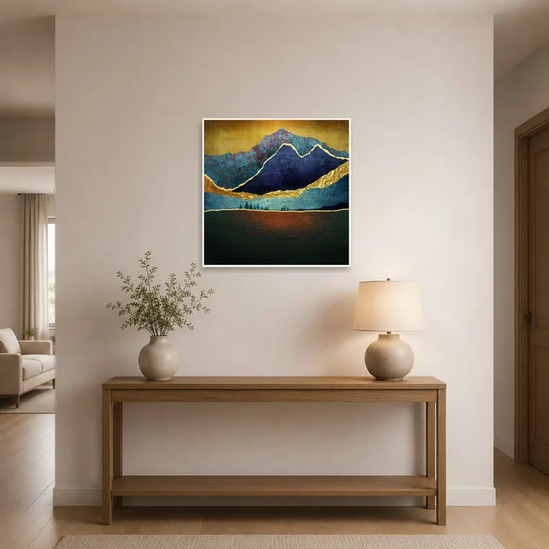 Entrance hall showcasing golden-accented mountain landscape art.