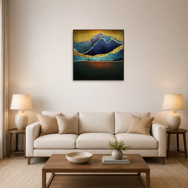 Abstract mountain landscape with golden accents on a living room wall.