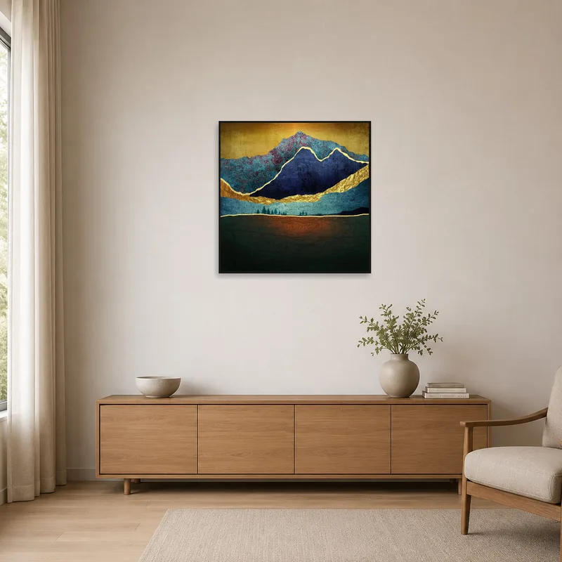 Minimalist room featuring abstract mountain art with gold.