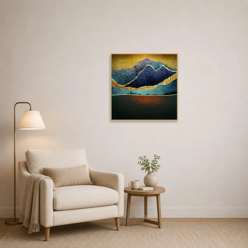 Reading corner adorned with abstract mountain landscape in gold tones.
