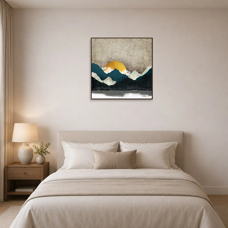Serene bedroom adorned with abstract mountain and sunrise artwork above the bed.