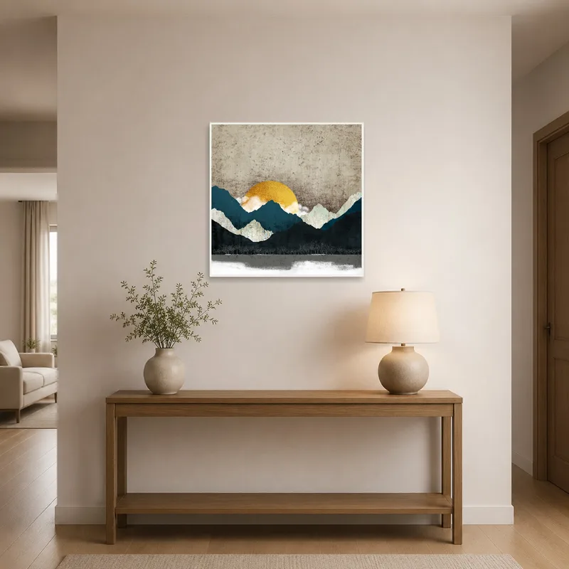 Entrance hall showcasing abstract mountain and sunrise on the wall.