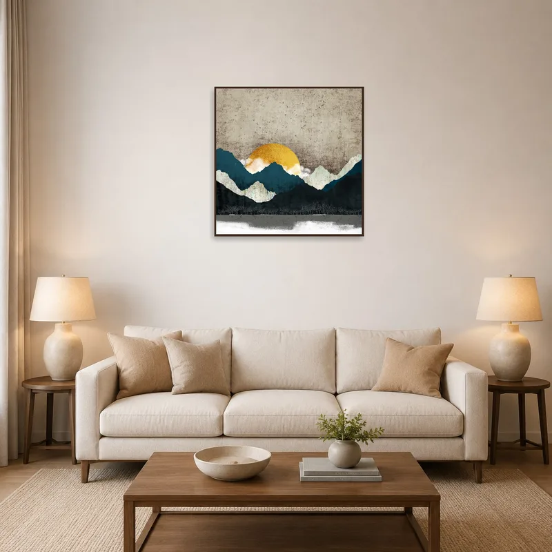 Abstract mountain landscape with sunrise above a modern living room sofa.