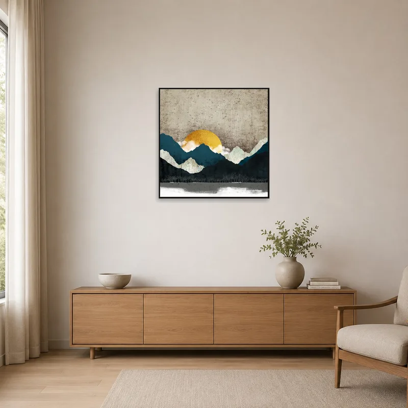 Minimalist room featuring abstract mountain landscape with vibrant sunrise.