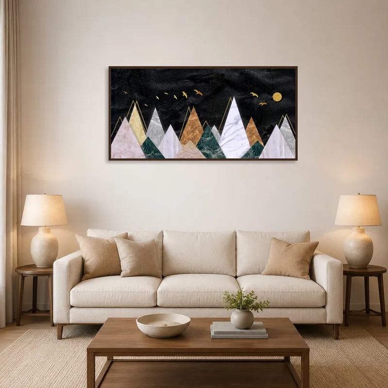 Abstract mountain range with golden birds print enhancing a modern living room wall.