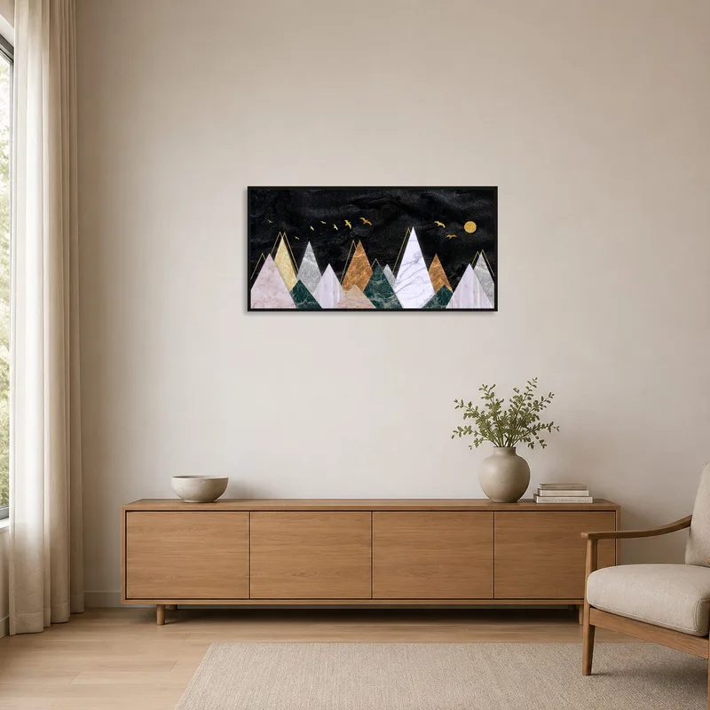 Sleek minimalist room featuring abstract mountain range with golden birds print as focal point.