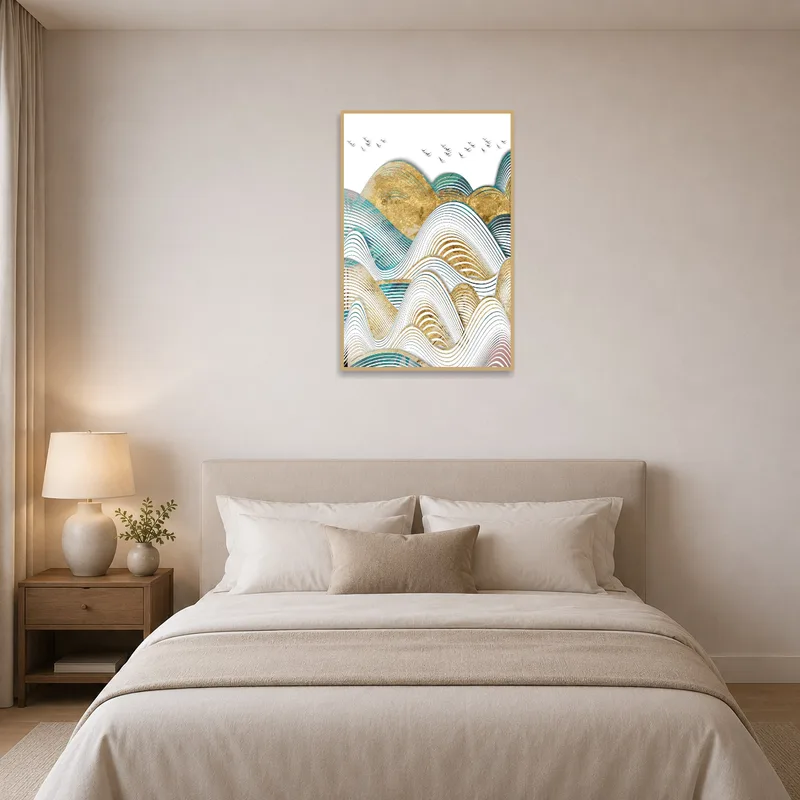 Soothing bedroom scene with abstract mountains and birds on display.