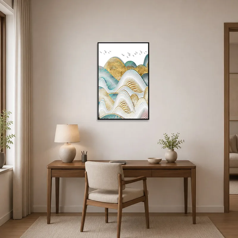 Home office accented by abstract mountain landscape and birds artwork.