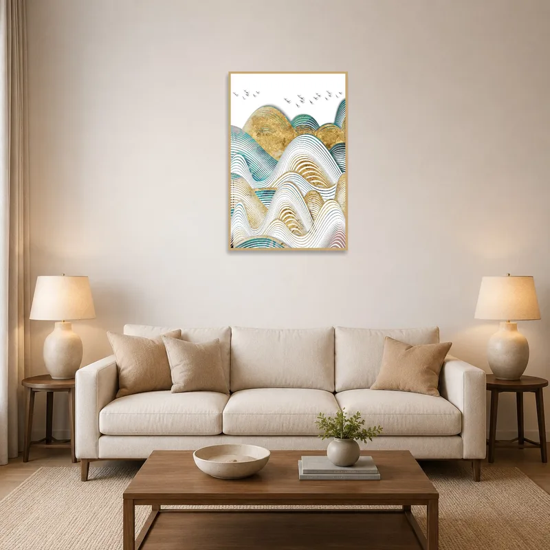 Abstract mountain art with birds enlivening a cozy living room wall.