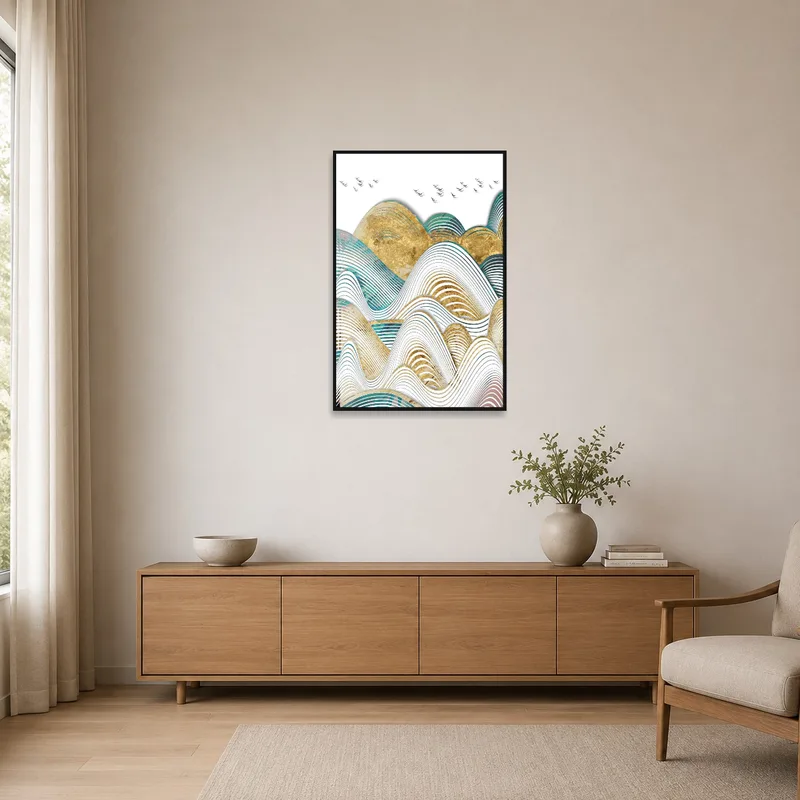 Minimalist space complemented by abstract mountains and birds art.