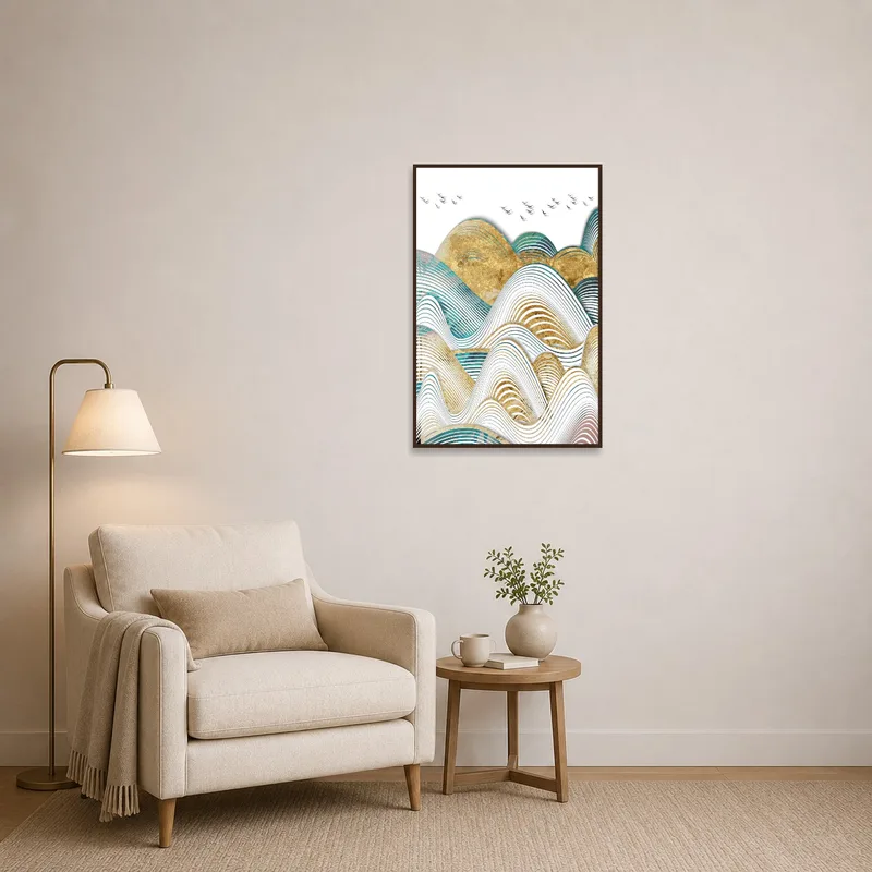 Reading corner enhanced by serene mountain and bird artwork.