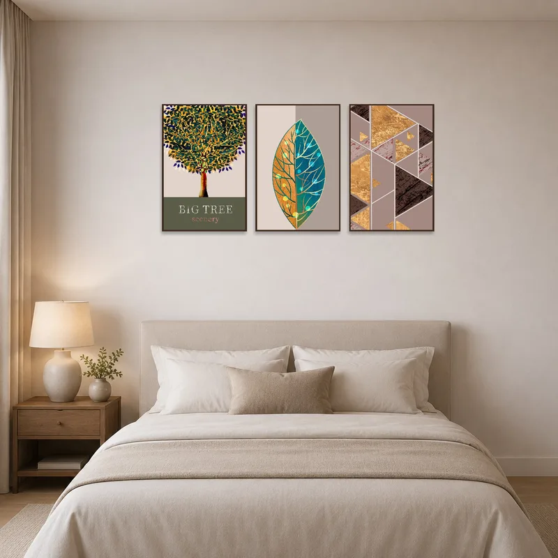 Bedroom wall adorned with abstract nature and geometric triptych.