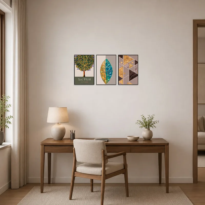 Home office with triptych set of abstract nature and shapes on the wall.