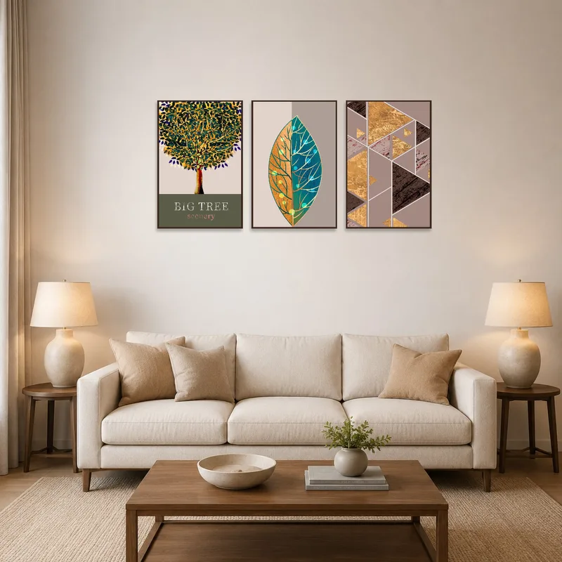 Triptych of abstract nature and geometric shapes in a modern living room.