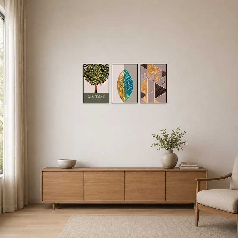 Minimalist room with a triptych of nature and geometric abstract art.