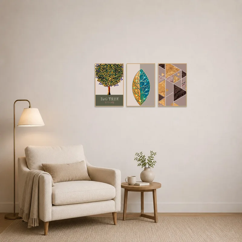 Cozy reading corner displaying abstract nature and geometric triptych.
