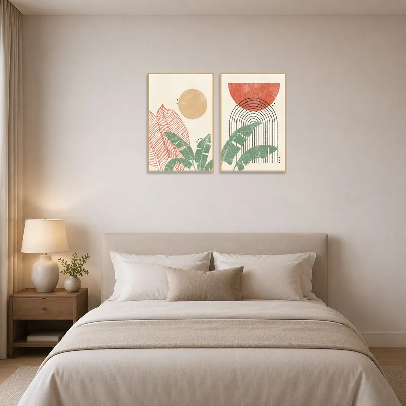 Serene bedroom adorned with abstract nature geometric prints, creating a calming atmosphere.