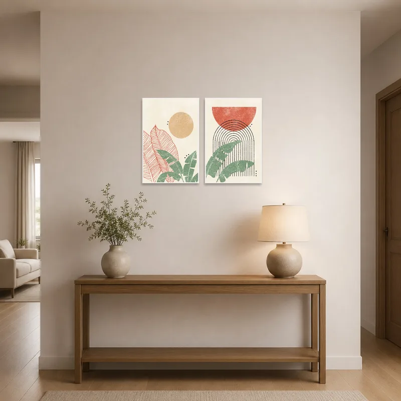 Entrance hall featuring nature geometric prints, offering a welcoming and stylish first impression.