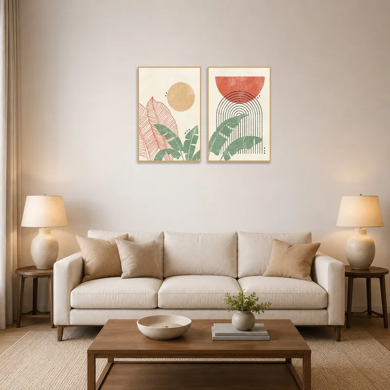 Abstract nature geometric prints on living room wall, adding vibrant colors to the space.