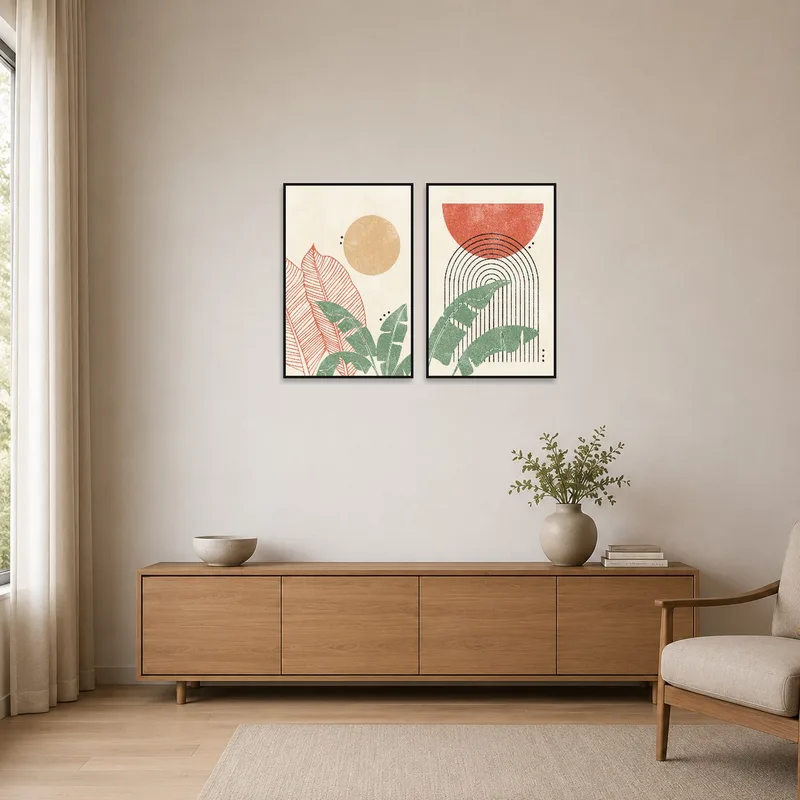 Minimalist room showcasing abstract nature geometric prints, enhancing clean lines and neutral tones.
