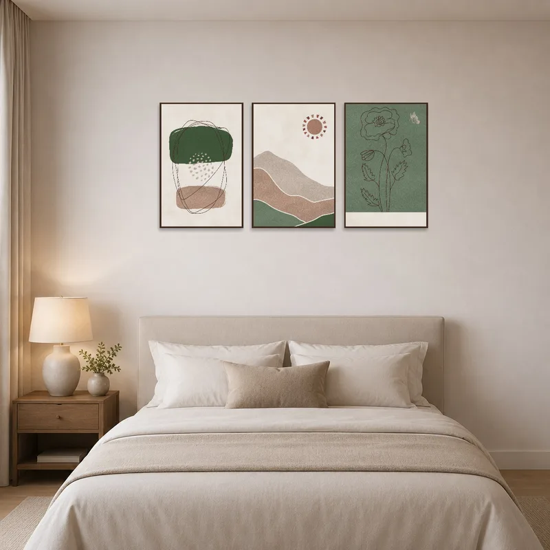 Elegant abstract nature triptych complementing a calm bedroom decor.