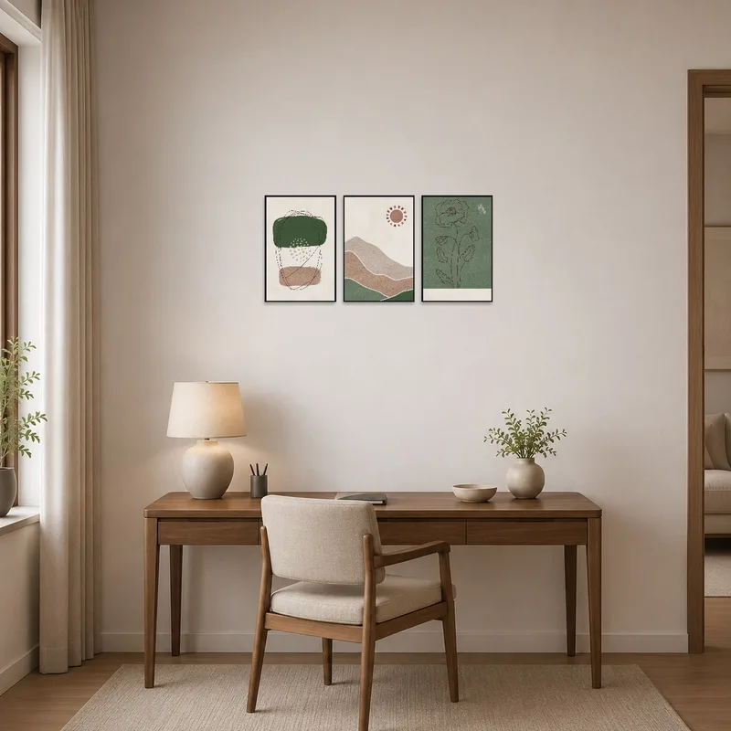 Abstract nature triptych inspiring creativity in the home office.