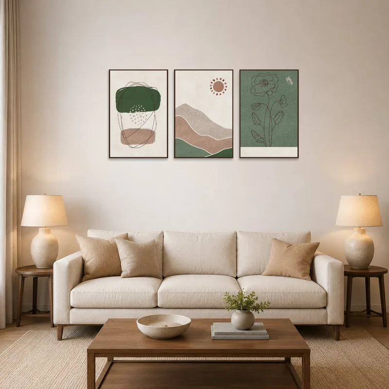 Abstract nature triptych displayed above a modern sofa in the living room.