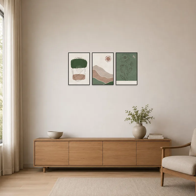 Sleek abstract nature triptych enhancing a minimalist room.