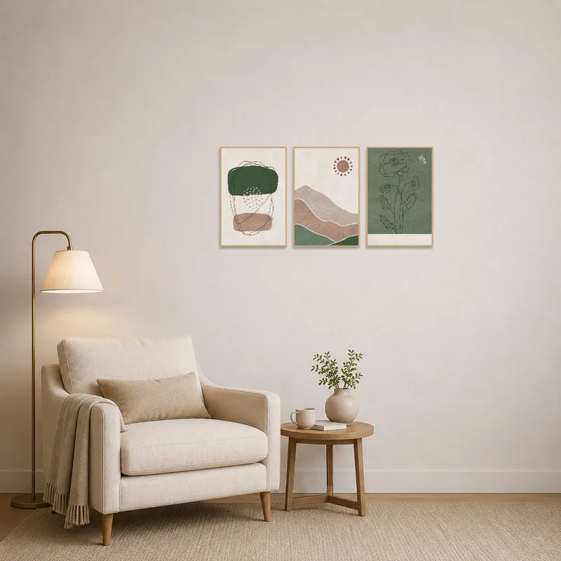 Abstract nature triptych adding serenity to a cozy reading corner.