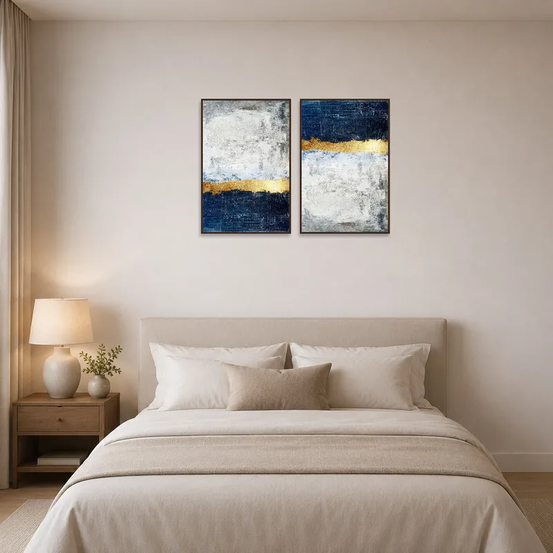 Abstract textures bring a soothing maritime ambiance to the bedroom.