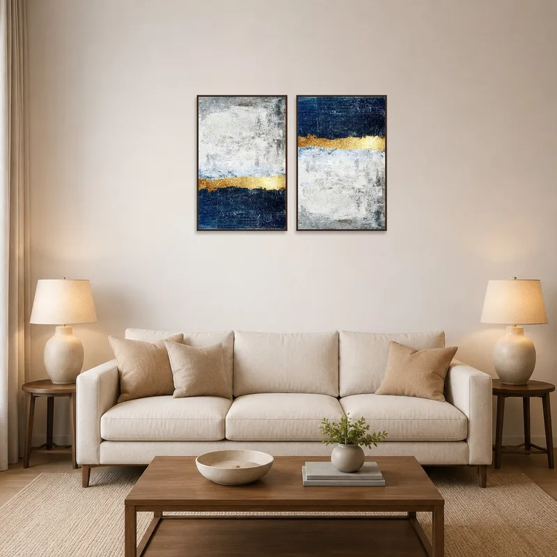 Nautical themed art set enhances a coastal vibe in a stylish living room.