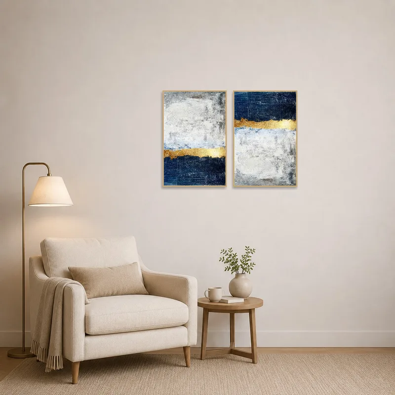 Nautical art set adds a calming touch to a cozy reading corner.