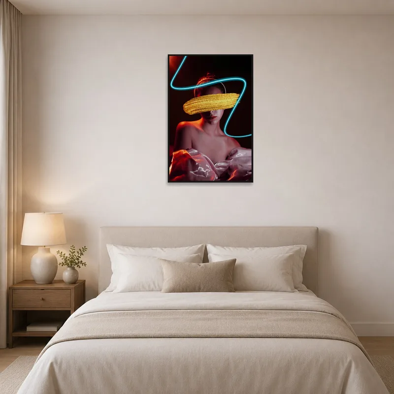 Soothing neon portrait with gold brushstroke adds charm to a bedroom.