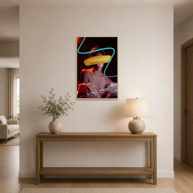 Eye-catching neon portrait with gold details in an entrance hall.