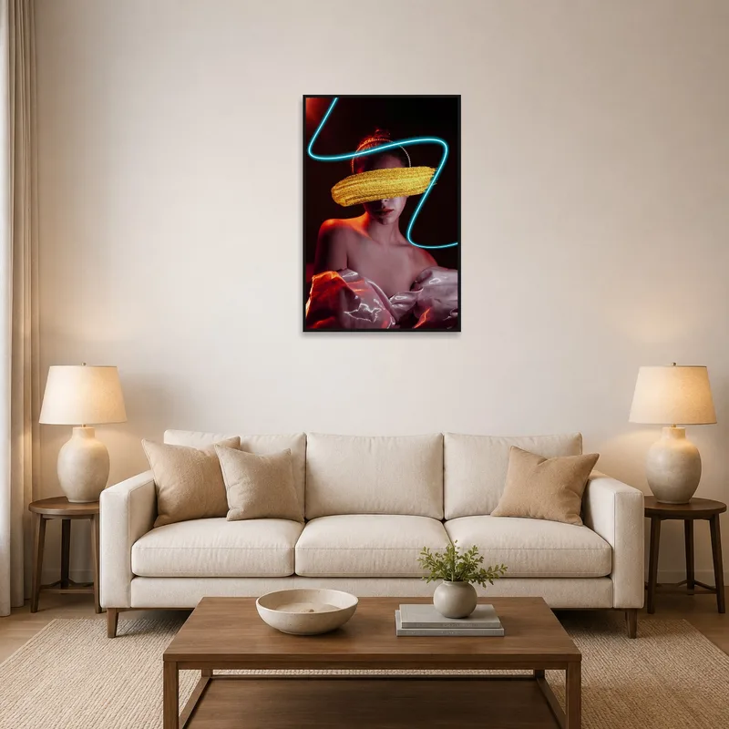 A vibrant abstract neon portrait with gold accents on a living room wall.