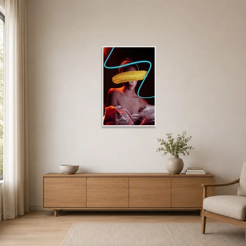Contemporary neon portrait with gold brushstroke in a minimalist setting.