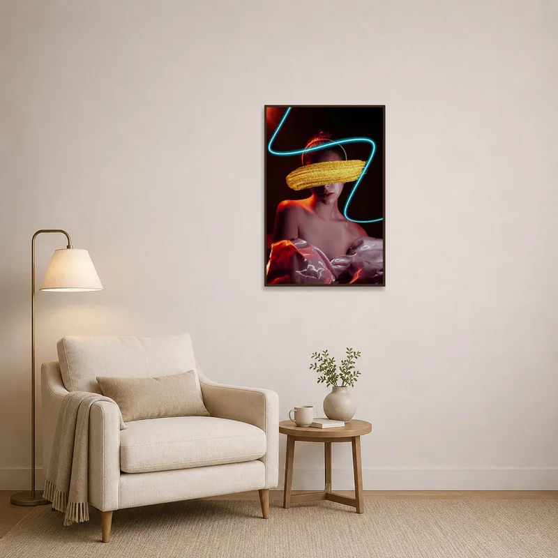 A striking neon portrait with gold elements brightens a reading corner.