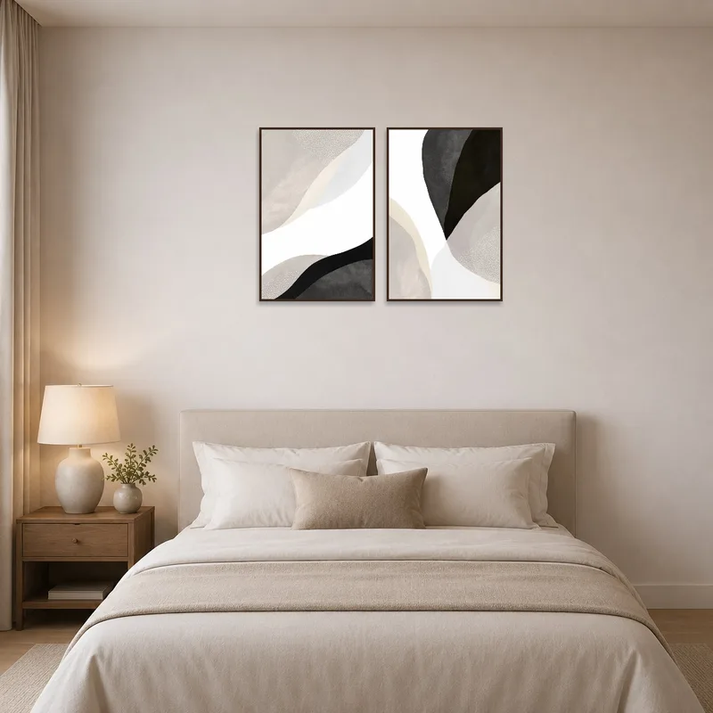 Two abstract prints with soft tones in a bedroom.