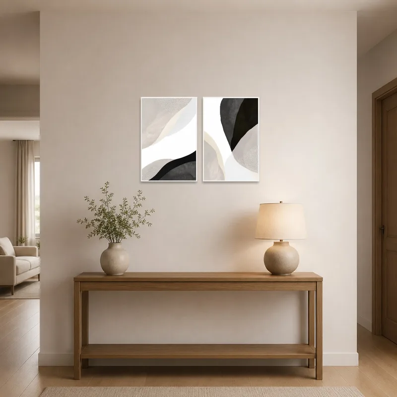Abstract art prints adding warmth to an entrance hall.