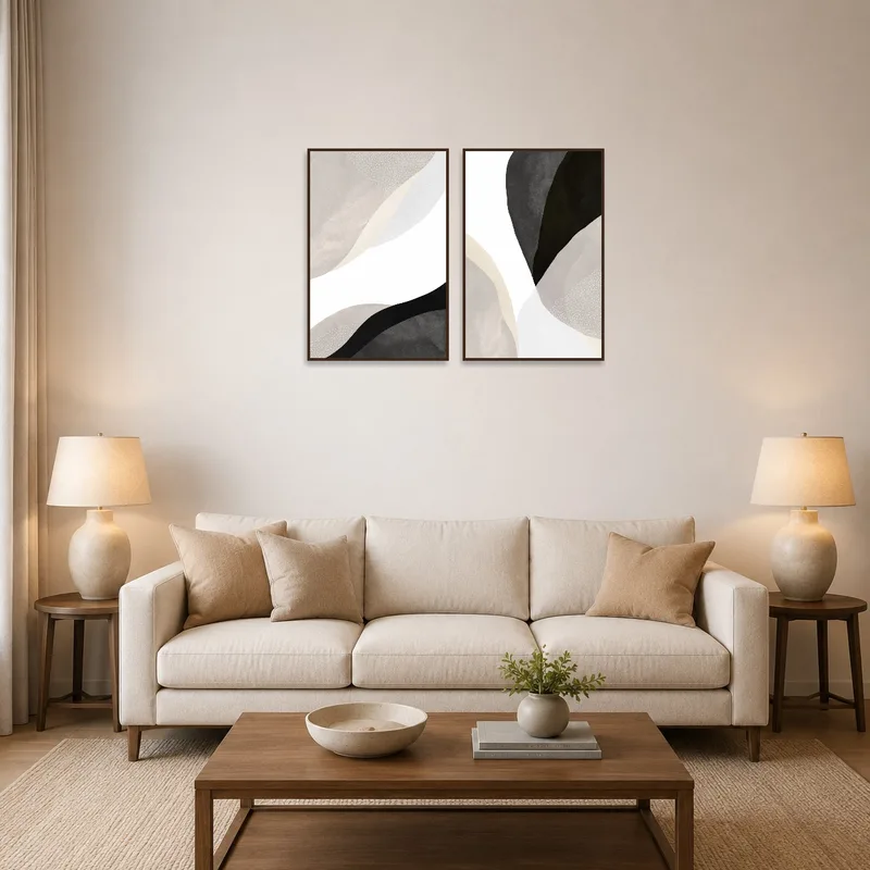 Two abstract prints with neutral tones on a living room wall.