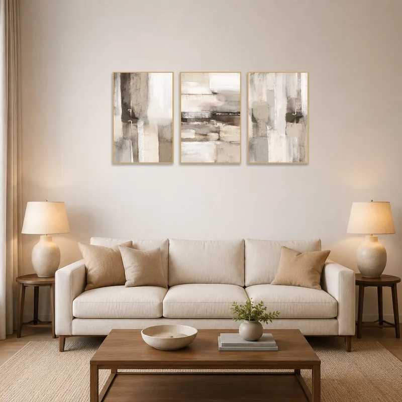 Triptych art set in neutral tones above a modern living room sofa.