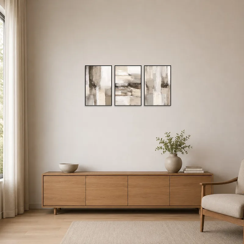 Minimalist room featuring an abstract neutral tones triptych on a white wall.